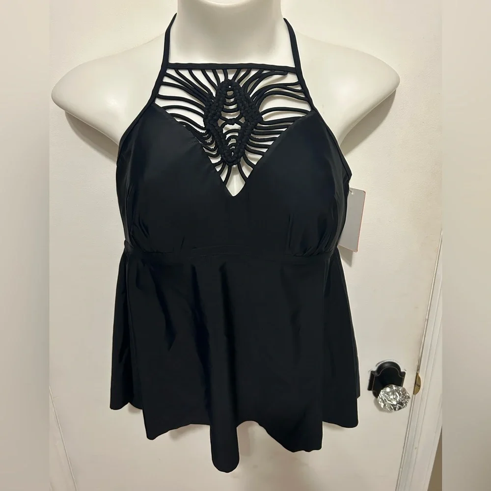 Swimsuits For All Black Halter Tankini with Macramé Front